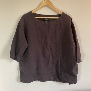 Eileen Fisher Brown Womens Top Petite Medium Pockets 3/4 Sleeves Irish Linen